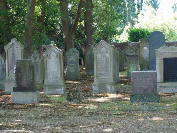 Jüdischer Friedhof Verden Dicht aneinanderliegende Grabsteine auf einem historischen jüdischen Friedhof, umgeben von Bäumen.