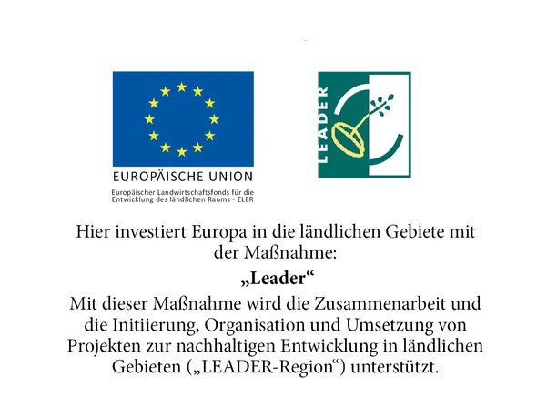 Leader-final -Poblictät EU-Förderhinweis zur Leader-Maßnahme für die Entwicklung ländlicher Gebiete.