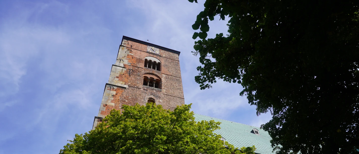 Gotisches Bauwerk mit imposantem Turm, umgeben von grünen Bäumen, unter strahlend blauem Himmel.