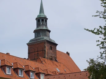 Backsteinkirche mit markantem grünen Turm und rotem Ziegeldach, umgeben von Bäumen in Verden.
