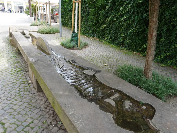 Langer steinerner Wasserlauf mit flachem Becken, umgeben von Pflastersteinen und grüner Bepflanzung.
