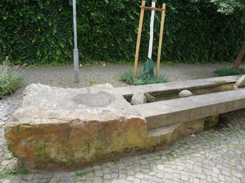 Ein länglicher Steinbrunnen in Verden, umgeben von Kopfsteinpflaster und grüner Heckenwand.