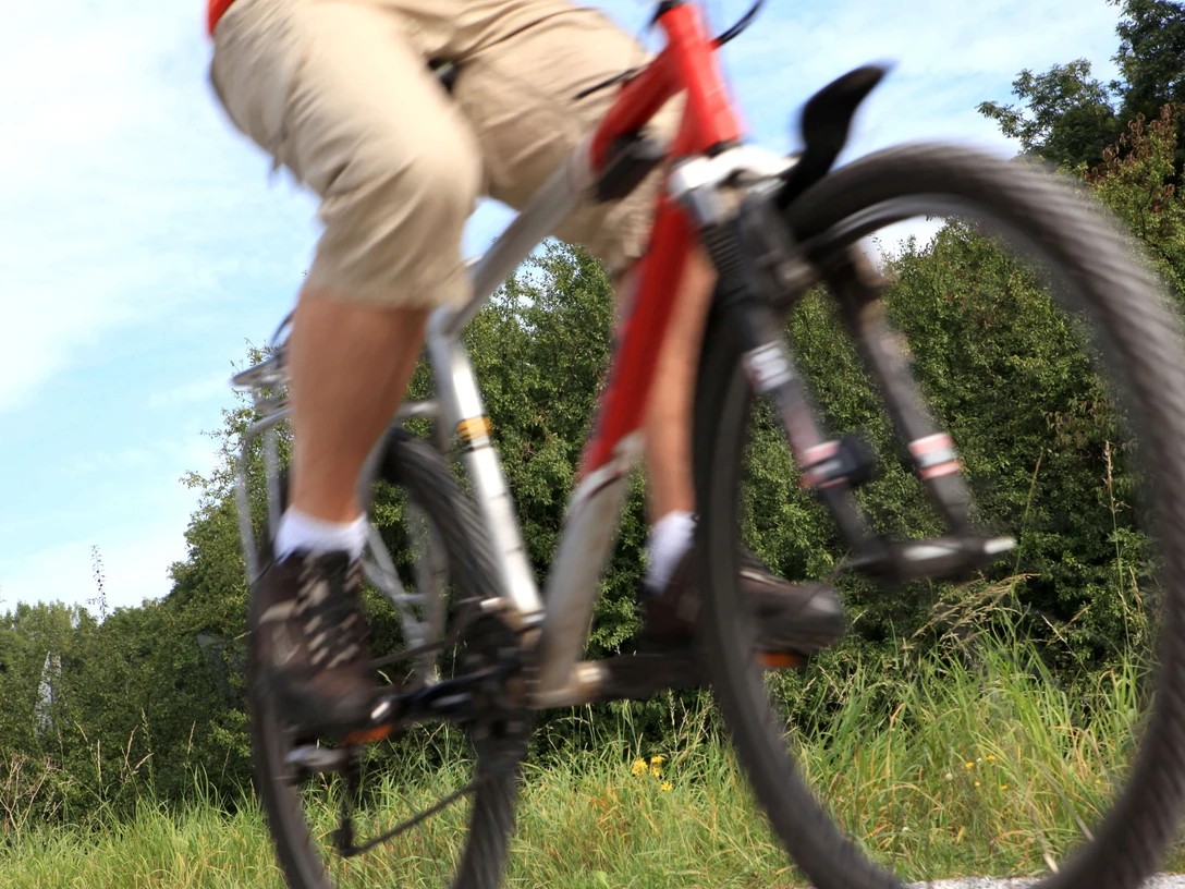 Tour auf dem PanoramaRadweg niederbergbahn Ein Fahrradfahrer auf einem Radweg mit grüner Natur und blauem Himmel im Hintergrund.