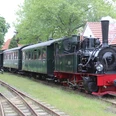 Museumseisenbahn Bruchhausen-Vilsen Eine historische Dampflok zieht grüne Waggons entlang eines Gleises durch eine grüne, ländliche Umgebung.