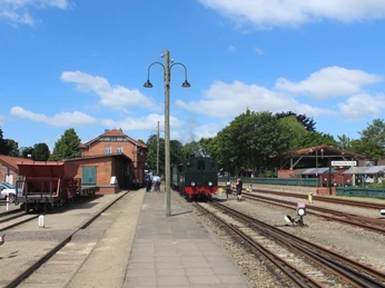 Ein historischer Zug hält an einem Bahnsteig im Freilichtmuseum Bruchhausen-Vilsen.