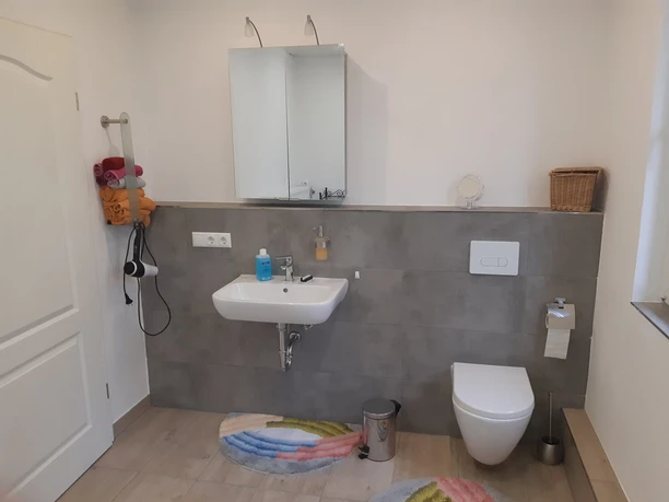 Gruene-Ferienwohnung_Bad.JPG Ein modernes Badezimmer mit beleuchtetem Spiegel, weißem Waschbecken, Hänge-WC und flauschiger Badematte.