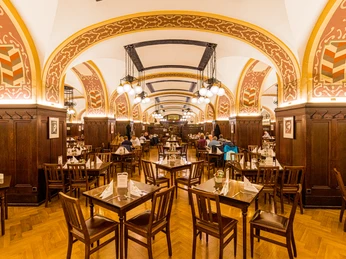 Der Große Keller in Auerbachs Keller - Gastronomien in Leipzig Der stimmungsvoll beleuchtete Große Keller des Auerbachs Kellers lädt mit seinem rustikalen Charme zum Genießen von klassischen sächsischen Köstlichkeiten ein, Kulinarik, Genuss, Restaurant The Große Keller in Auerbachs Keller Restaurant welcomes visitors with its atmospheric lighting and rustic charm, inviting them to come and enjoy some classic Saxon delicacies, cuisine, enjoyment, restaurantLa Großer Keller de l'Auerbachs Keller, sous un agréable éclairage d’ambiance, invite avec son charme rustique à savourer des délices saxons traditionnels, art culinaire, plaisir, restaurantNastrojowo oświetlona Wielka Piwnica będąca częścią Auerbachs Keller zachęca swoim rustykalnym urokiem do skosztowania klasycznych saksońskich specjałów, kulinaria, kosztowanie, restauracjaÚtulně osvětlený Velký sklep v Auerbachově sklepě zve svým rustikálním šarmem k pochutnání na klasických saských dobrotách, kuchařské umění, požitek, restaurace