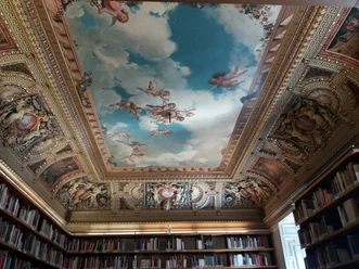 Bibliothek mit kunstvoller Decke aus einem Gemälde mit Engeln und Wolken und verschiedenen Ornamenten.
