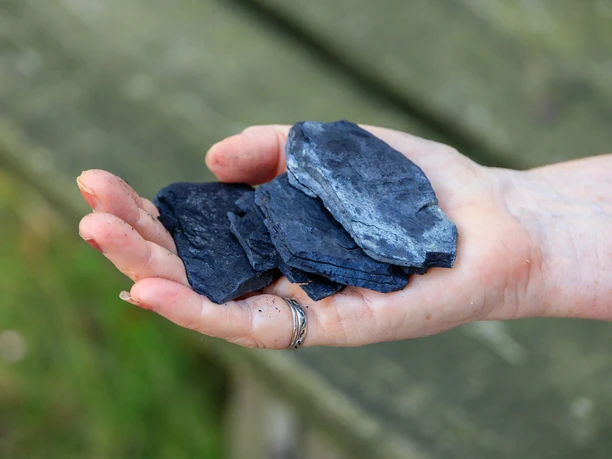 Hand hält mehrere flache, schwarze Steine vor unscharfem Hintergrund.