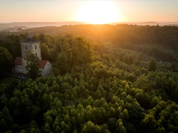 Die Diedrichsburg im Osnabrücker Land Ein steinerner Turm erhebt sich aus einem dichten Wald im Sonnenuntergang und bietet eine weite Aussicht.