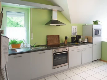 Nieheim-web-FW-Moeller-Merlsheim-03.jpg Moderne Küche mit hellgrünen Wänden, ausgestattet mit Backofen, Herd, Mikrowelle und Spüle.
