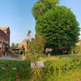 001-Gut-Externbrock_web.jpg Historisches Backsteingebäude mit grüner Hecke und großen Bäumen, ländliche Umgebung.
