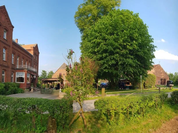 001-Gut-Externbrock_web.jpg Historisches Backsteingebäude mit grüner Hecke und großen Bäumen, ländliche Umgebung.