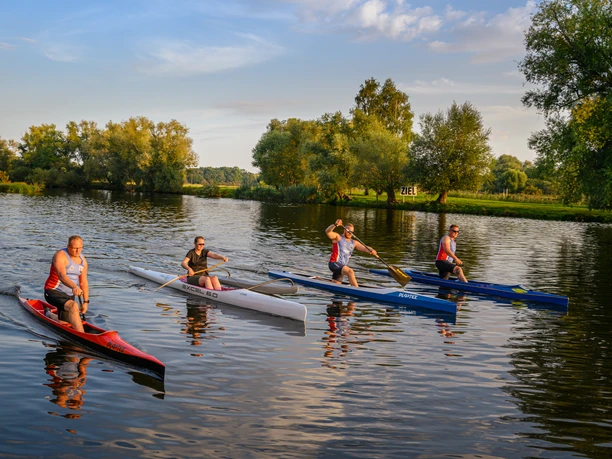 Paddeln auf der Mulde © WelterbeRegion Anhalt-Dessau-Wittenberg e.V., Uwe Weigel, 2021 (2).jpg Vier Paddler nahe eines Ufers, umgeben von Bäumen, paddeln auf einer ruhigen Flussoberfläche.