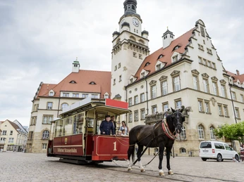 Döbelner Pferdebahn © Christian-Hüller-Fotografie_region.leipzig (25).jpg Historische Pferdebahn mit Fahrer vor einem großen alten Gebäude im Hintergrund.