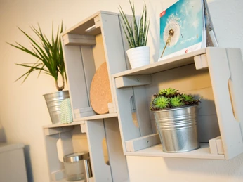 ferienwohnung_happiness-5_3000px.jpg Holzregale mit Sukkulenten in Metalltöpfen und einer Postkarte, dekorativ an der Wand platziert.