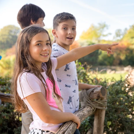 Kinder bei der Kiwara-Savanne im Zoo Leipzig - Familienurlaub in Leipzig Kinder schauen sich im Zoo Leipzig die Giraffen an, Freizeitaktivität, Tiere, Familie