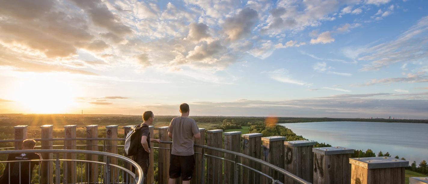 Ausblick von der Bistumshöhe am Cospudener See - Leipziger Neuseenland Blick von der Bistumshöhe am Cospudener See und Gäste, die auf dem Turm die Aussicht auf das Leipziger Neuseenland genießen, Region, Wasser, Familienausflug