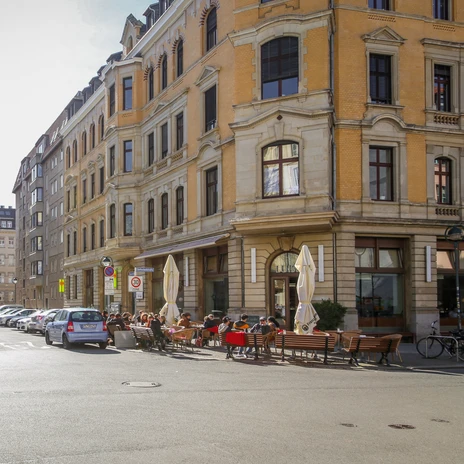 View of Café Luise with its outdoor terrace in Gottschedstraße, gastronomy, bar, culinary delights