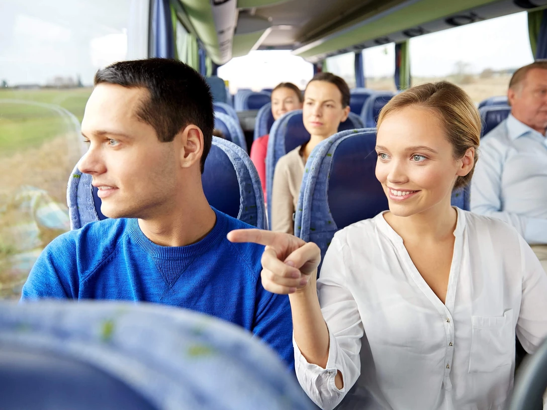 bustour-durch-die-parklandschaft.jpg Im Reisebus sitzen Menschen auf blauen Sitzen, lächelnd und aus dem Fenster schauend.