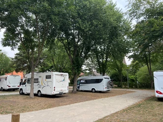Wohnmobile stehen auf einem ruhigen Stellplatz unter hohen Bäumen, mit gepflasterten Wegen umgeben.