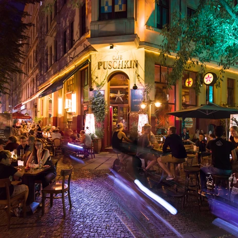 View of Café Puschkin and the outdoor seating area on the Karli trendy mile on a summer evening, Gastronomy, Leisure, Nightlife