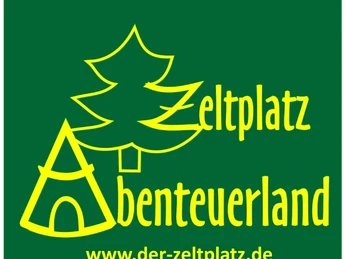 Logo des Zeltplatzes Abenteuerland mit stilisierter Tanne und Zeltmotiv in Gelb auf grünem Hintergrund.