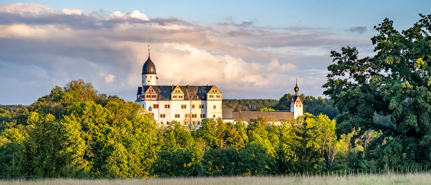 Schloss Rochsburg - Schlösser der Leipzig Region Das Schloss Rochsburg ragt über den Laubbäumen hervor und wird von der untergehenden Sonne in gold-gelbe Farben getaucht, leipzig Region, Ausflugsziel