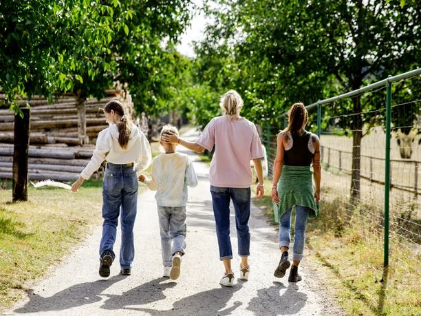 Führung auf der Straußenfarm Vier Personen spazieren entspannt auf einem sonnigen, baumbestandenen Weg mit zwei Kindern und zwei Erwachsenen.