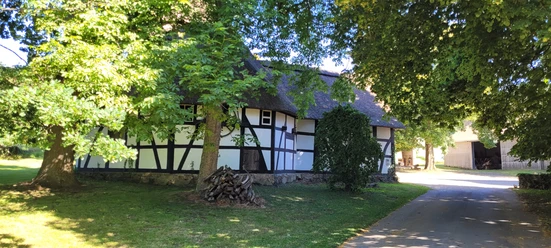 Ein historisches Fachwerkgebäude mit Reetdach, umgeben von Schatten spendenden Bäumen und gepflegtem Rasen.