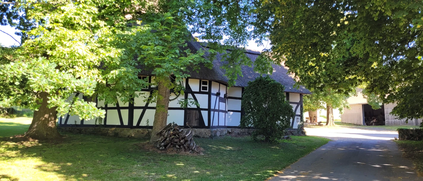 Rossmühle Oberbauerschaft Ein historisches Fachwerkgebäude mit Reetdach, umgeben von Schatten spendenden Bäumen und gepflegtem Rasen.
