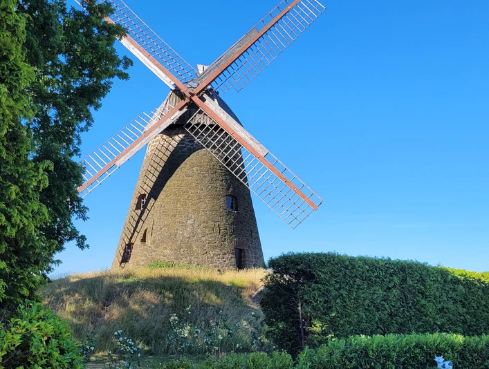 Historische Windmühle Nordhemmern mit großen Flügeln, umgeben von grünen Bäumen und Hecken.