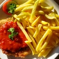 Schnitzel mit roter Soße und grüner Garnitur, serviert mit knusprigen Pommes auf weißem Teller.