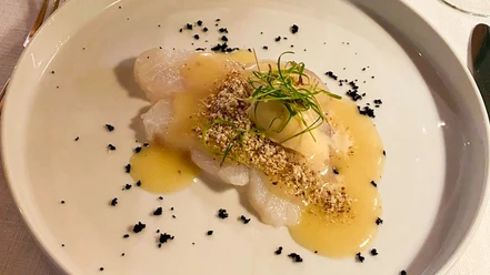 Weißer Fisch_CCBYSA_Teutoburger Wald_Stadt Schloss Holte-Stukenbrock-34.jpg Fischfilet mit heller Sauce, gehackten Nüssen und Kräutern elegant auf weißem Teller angerichtet.