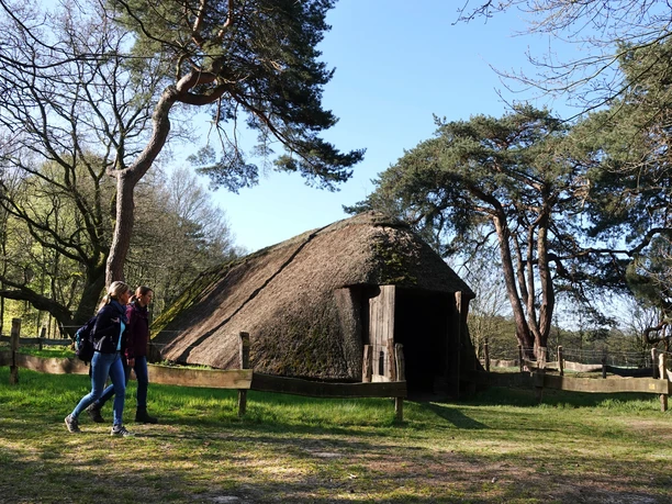 Historischer Schafstall in Börger - Wandern im Emsland ©Emsland Tourismus GmbH (14).jpg Zwei Wanderinnen gehen an einem reetgedeckten historischen Schafstall im Wald bei Börger vorbei.