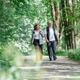 Zwei Personen spazieren auf einem Waldweg, umgeben von dichtem grünen Blattwerk.