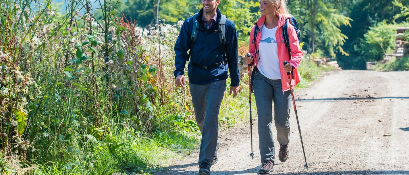 Zwei fröhliche Wanderer spazieren auf einem sonnigen Weg durch die Natur, umgeben von grüner Vegetation.