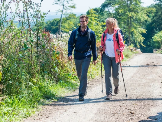 Geführte Wanderung Zwei fröhliche Wanderer spazieren auf einem sonnigen Weg durch die Natur, umgeben von grüner Vegetation.