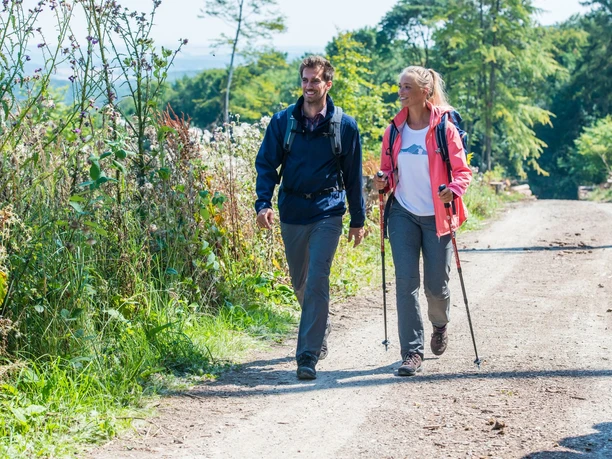 Geführte Wanderung Zwei fröhliche Wanderer spazieren auf einem sonnigen Weg durch die Natur, umgeben von grüner Vegetation.