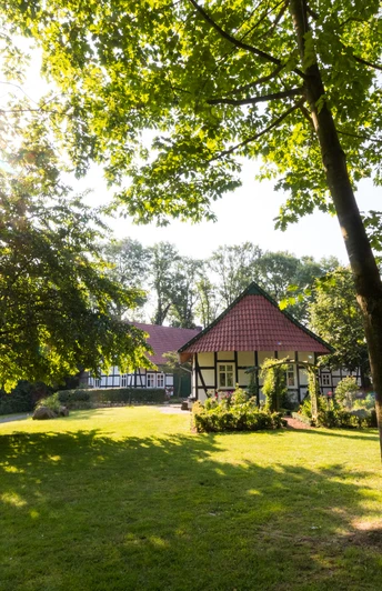 Ein malerisches Fachwerkhaus in einem sonnigen Park, umgeben von Bäumen und einer grünen Wiese.