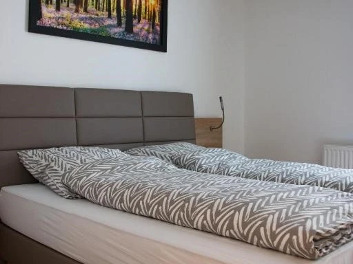Appartement-Zimmer Karau_2.jpg Helles Schlafzimmer mit Doppelbett, grauem Kopfteil und Waldbild an weißer Wand, Holzboden.