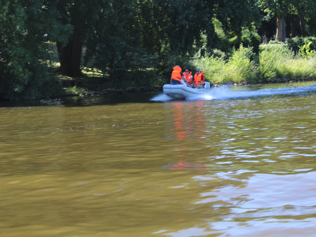 Gruppe in einem Motorboot mit orangenen Westen fährt auf einem Fluss, umgeben von grünen Bäumen.