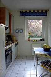 23.jpg Eine schmale Küche mit Tisch, Blumen auf der Fensterbank und Herbstbaumblick durch das Fenster.