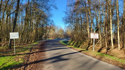 Schießplatz_Radde-Schleifen_Hümmling-Pfade (1) © Naturpark Hümmling e. V..jpg Gepflasterte Straße mit Kurve durch einen lichten Laubwald, Verkehrsschilder am Rand, klarer Himmel.