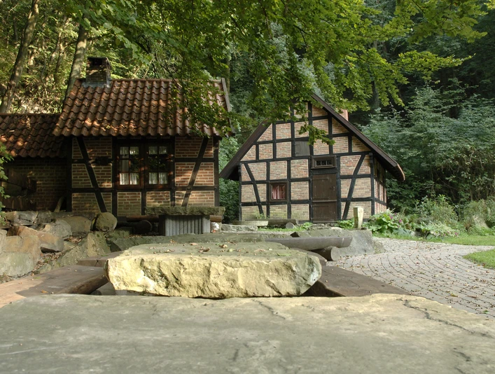 Kummerbrink Andreas Sieveking Fachwerkhäuser im Grünen, umgeben von Bäumen und Pflasterweg, strahlen Ruhe und Naturverbundenheit aus.