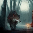 Der Böse Wolf und Rotkäppchen.png Rotkäppchen und ein großer, bedrohlicher Wolf stehen im nebligen Wald, während Rotkäppchen eine leuchtende Laterne trägt.