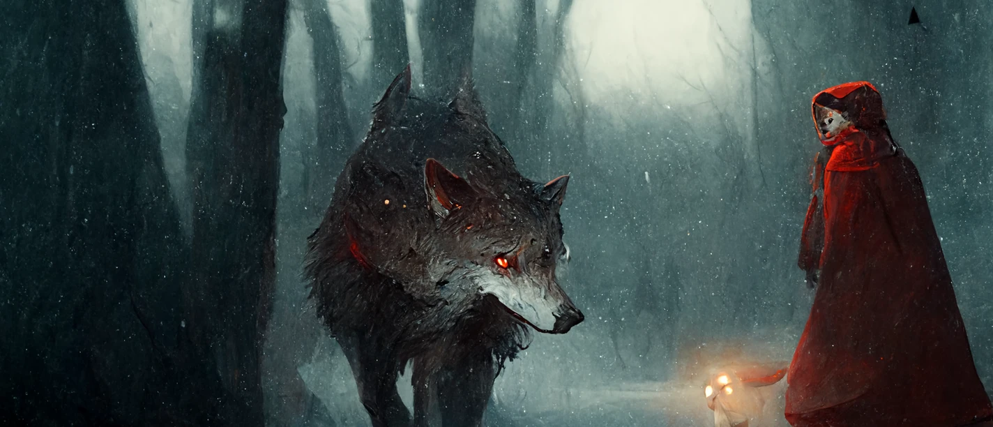 Der Böse Wolf und Rotkäppchen.png Rotkäppchen und ein großer, bedrohlicher Wolf stehen im nebligen Wald, während Rotkäppchen eine leuchtende Laterne trägt.