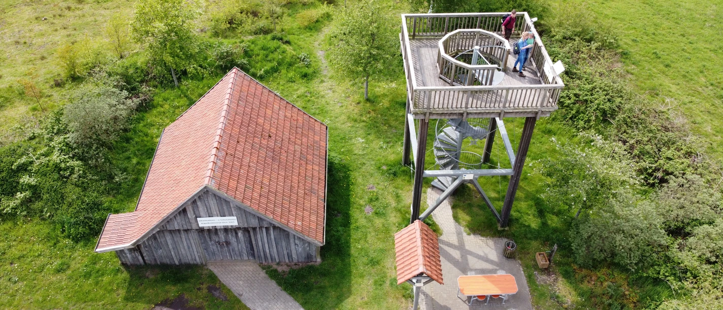 Kapellenmoorgraben_Niederlangen_ Aussichtsturm Informationshütte ©Naturpark Hümmling e. V. (8).jpg Holzturm mit Aussichtsplattform neben einer kleinen Informationshütte in grüner Moorlandschaft