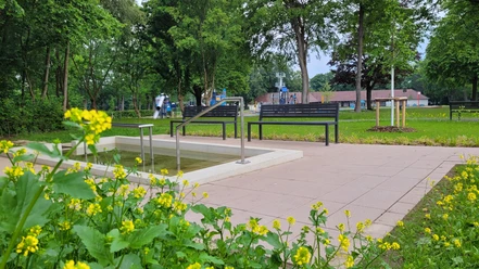 Freibadpark Lübbecke Ein Kneippbecken mit Handlauf, umgeben von grünen Bäumen und gelben Blumen im Freibadpark Lübbecke.