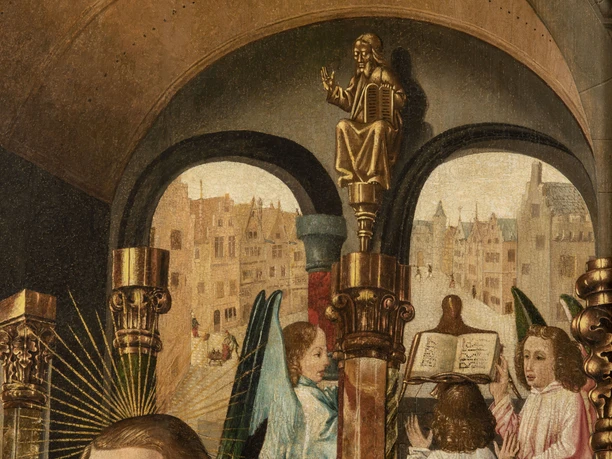 Brüssel Singende Engel Prozession von Engeln, singend und musizierend, in mittelalterlicher Stadt mit skulpturalem Dekor.